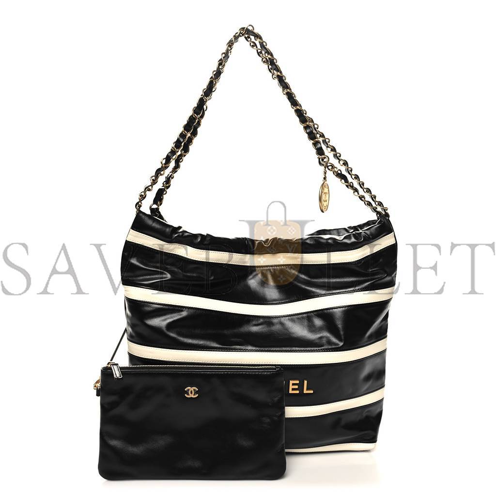 Ch*el master shiny calfskin striped small Ch*el 22 black white as3260 (37*35*7cm)